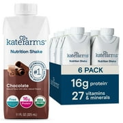 KATE FARMS Organic Vegan Plant Based Nutrition Shake, Chocolate, 16g of protein, 27 Vitamins and Minerals, Meal Replacement Drinks, Protein Shake, Gluten Free, Non-GMO, 11 Fl oz (Pack of 6)