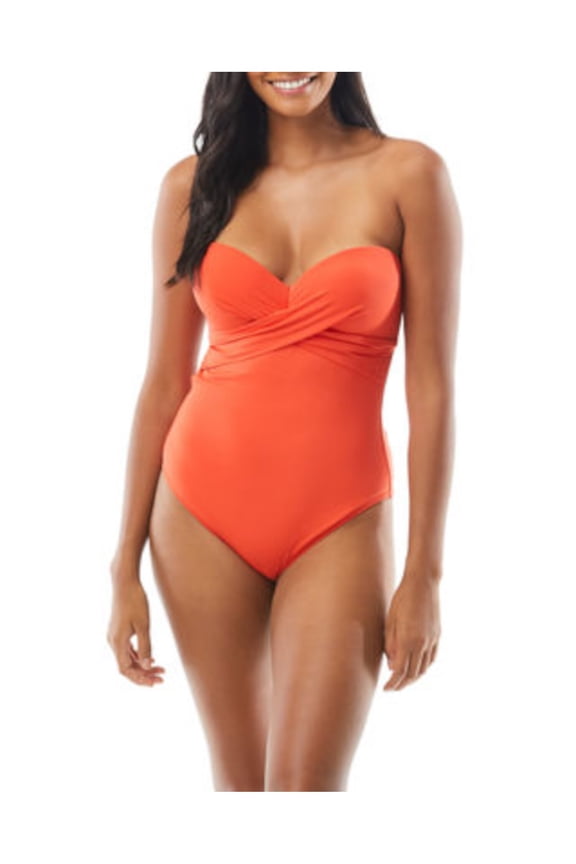 Women's Orange Stretch Moderate Coverage Molded Cup Bandeau One Piece Swimsuit L