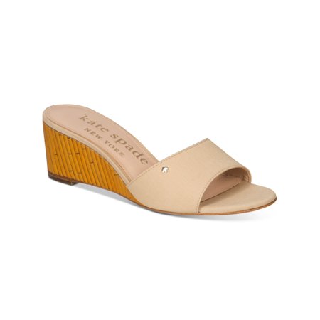 KATE SPADE NEW YORK Womens Beige Faux Bamboo Heel Padded Meena Round Toe Wedge Slip On Heeled Sandal 9.5 B
