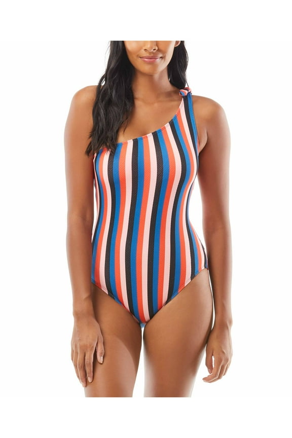 KATE SPADE Women's Multi Color Colorblocked Stripe Stretch Lined Tie Convertible One Shoulder One Piece Swimsuit M
