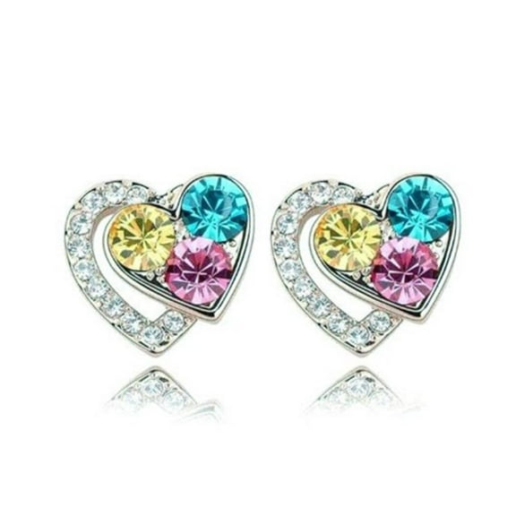 KATGI Fashion 18K Gold Plated Austrian Crystal 3D Double Heart Charm Earrings