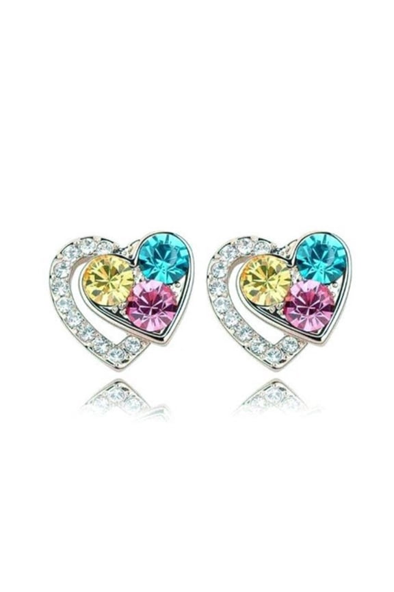 KATGI Fashion 18K Gold Plated Austrian Crystal 3D Double Heart Charm Earrings