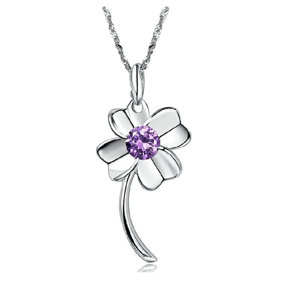 KATGI Fashion 18K White Gold Plated 4 Leaf Purple Clover Pendant Necklace