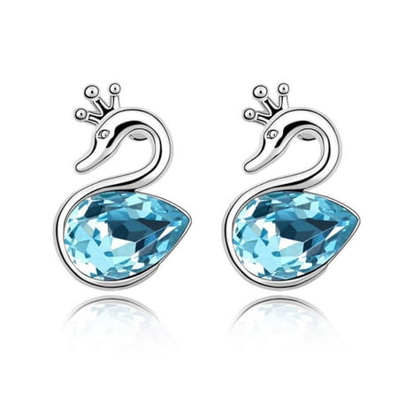 KATGI Fashion 18K White Gold Plated Beautiful Swan Austrian Blue Crystal Earrings