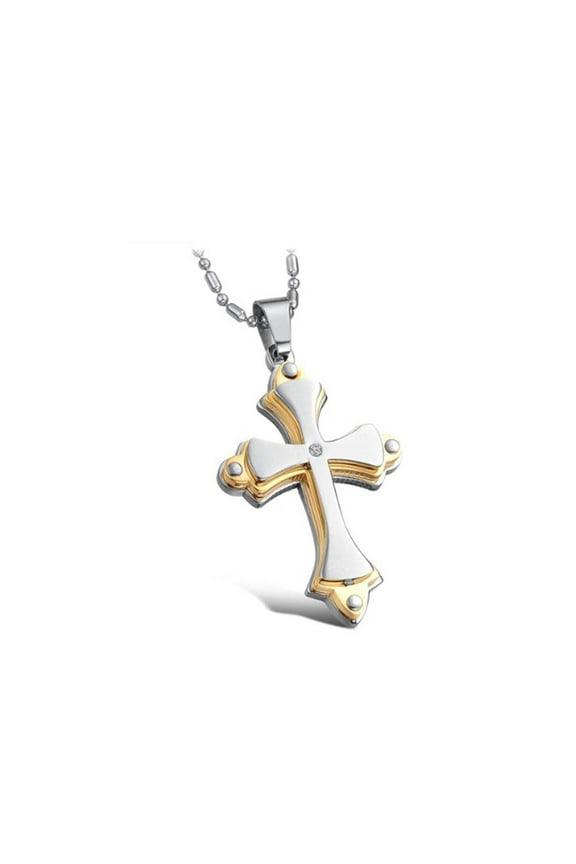 KATGI Fashion 316L Stainless Steel Triple Padded Cross Crystal Pendant Necklace