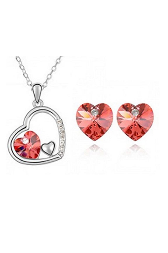KATGI Fashion Beautiful Crystal Hearts Austrian Red Crystal Necklace and Earring Set