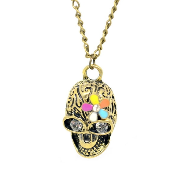 KATGI Fashion Retro Skull Austrian Crystal Pendant Necklace with Antique Bronze/Brass Finish