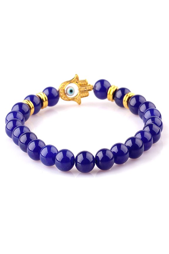 KATGI Fashion Semi Blue Gemstone Birthstone Round Beaded Elastic Bracelet Evil Eye and Hand