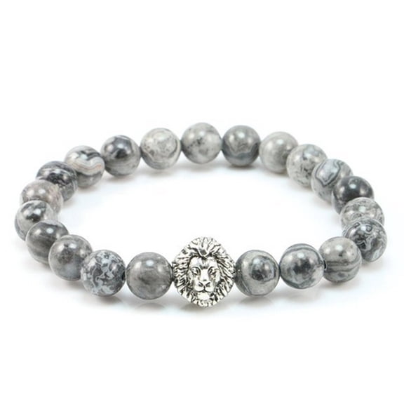 KATGI Fashion Semi Grey Gemstone Birthstone Round Beaded Elastic Bracelet Metal Lion Head