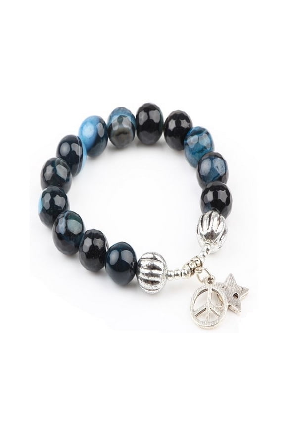 KATGI Fashion Semi Lava Stone Gemstone Birthstone Round Beaded Elastic Bracelet Star and Peace Sign