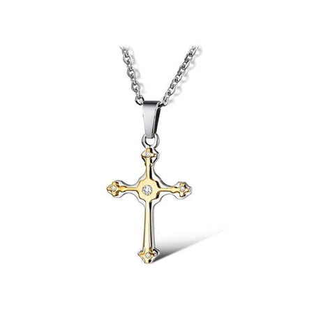 KATGI Men Fashion 18K Gold Plated Direct Double Layer Crosses Crystal Pendant Necklace