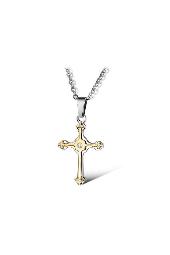 KATGI Men Fashion 18K Gold Plated Direct Double Layer Crosses Crystal Pendant Necklace