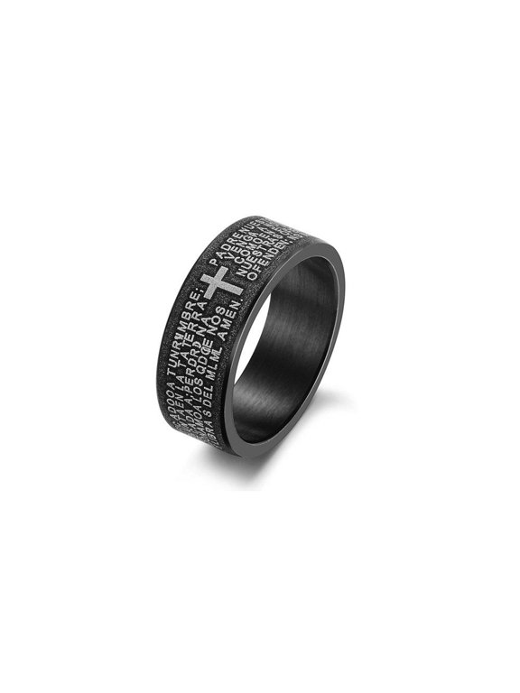 Ti Black Titanium Steel English Bible Frosted Cross Band Ring (Men)