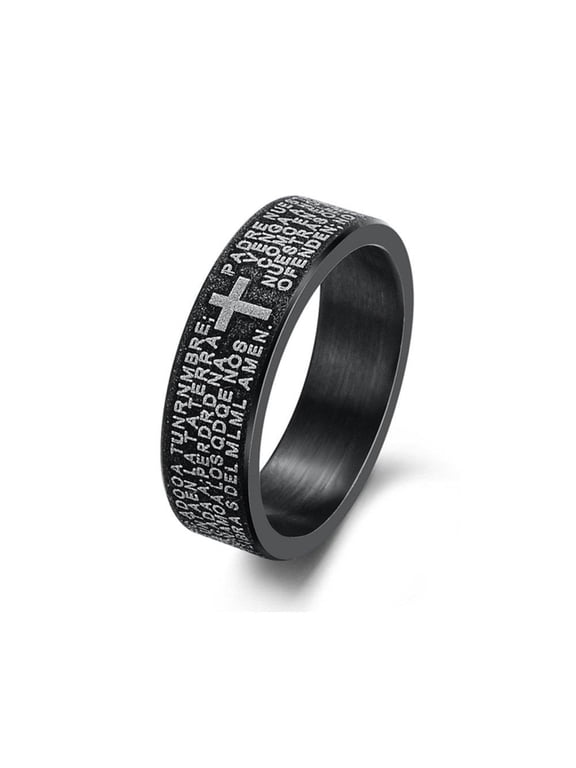 KATGI Ti Black Titanium Steel English Bible Frosted Cross Band Ring (Women)