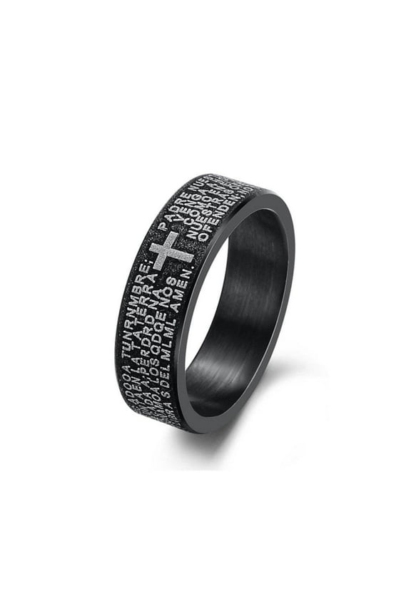 KATGI Ti Black Titanium Steel English Bible Frosted Cross Band Ring (Women)