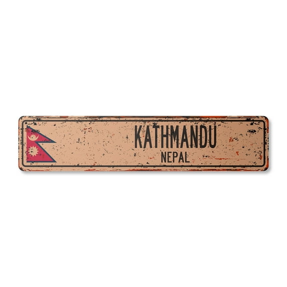 KATHMANDU NEPAL Vintage Plastic Street Sign Nepalese flag city country road wall gift | Indoor/Outdoor | 30" Wide