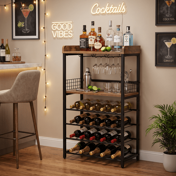 KATHY&BOB 20-Bottle Freestanding Wine Rack, Modern Freestanding Wine Cabinet, 6-Tier Wine Storage Shelf with Wobble-Free Countertop & Wine Glass Holder