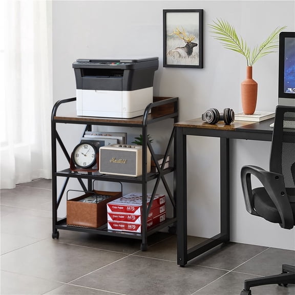 KATHY&BOB 3 Tier Heavy Duty Printer Stand, Mobile Printer Table for Office, Wooden Table Top & 2 Tier Open Metal Shelves, Printer Cart with Lockable Wheels