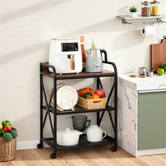 KATHY&BOB 3 Tier Mobile Kitchen Cart, Microwave Oven Stand, Bakers Rack with Adjustable Open Storage Shelves, Rolling Kitchen Island Cart, Kitchen Utility Serving Cart