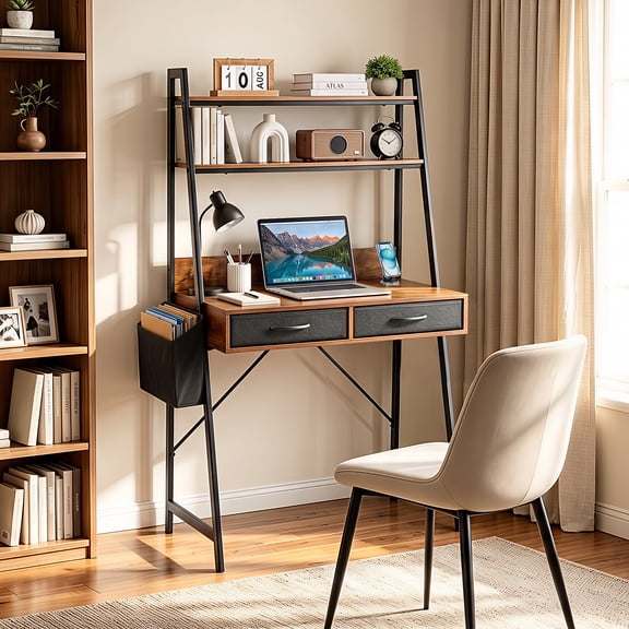 KATHY&BOB Computer Desk with 2 Tier Shelves & 2 Fabric Drawers, Home Office Desk with Charging Station & Side Bag, Small Desk for Bedroom, Brown
