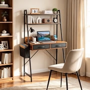 KATHY&BOB Computer Desk with 2 Tier Shelves & 2 Fabric Drawers, Home Office Desk with Charging Station & Side Bag, Small Desk for Bedroom, Brown