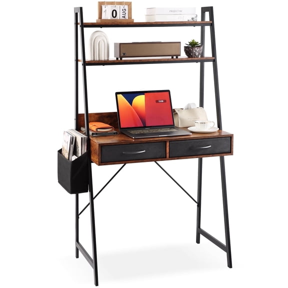 KATHY&BOB Freestanding Ladder Desk with Power Outlets, 2 Tier Shelves Home Office Study Desk with Fabric Drawers & Side Bag, Modern Vanity Makeup Desk, Computer Gaming Station, Brown