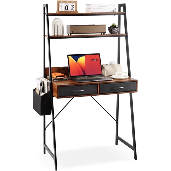 KATHY&BOB Freestanding Ladder Desk with Power Outlets, Home Office Study Reading Desk with 2 Fabric Drawers and Side Bag, 2 Tier Shelf Computer Gaming Desk, Modern Vanity Dressing Makeup Desk