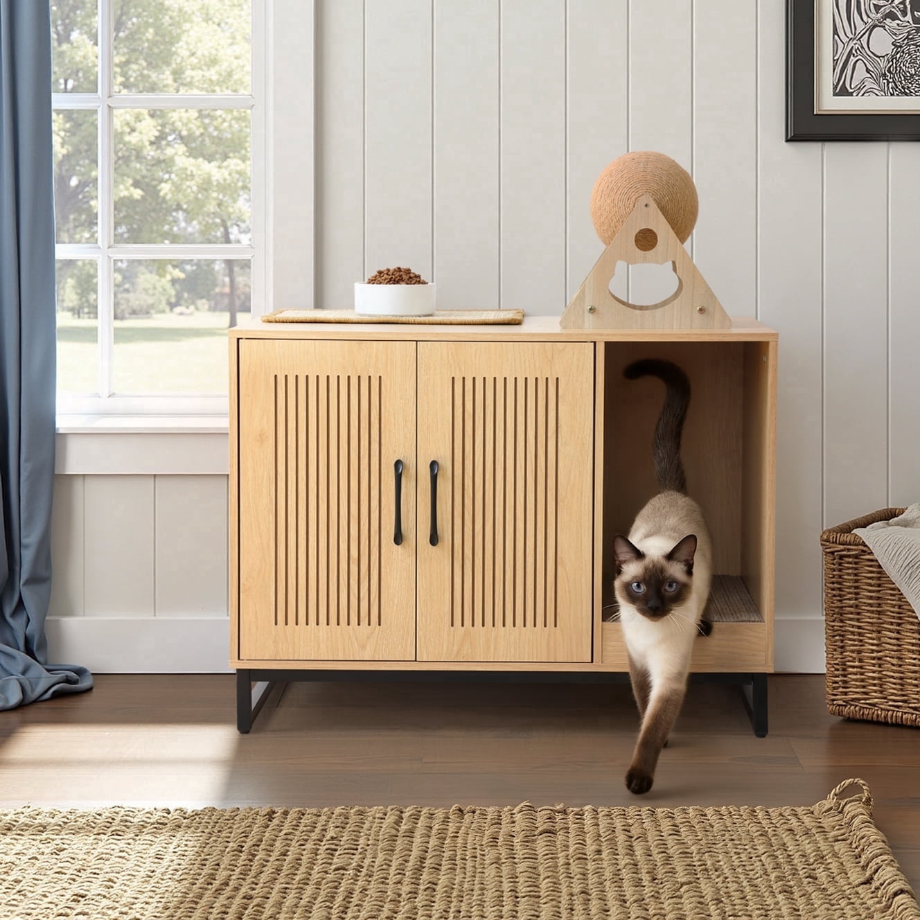 KATHY&BOB Hidden Cat Litter Box Enclosure Furniture with Cat Scratch Mat, Striped Grooved Design, Wooden Cat Washroom, Natural
