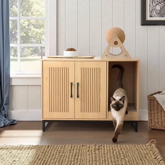 KATHY&BOB Hidden Cat Litter Box Enclosure Furniture with Cat Scratch Mat, Striped Grooved Design, Wooden Cat Washroom, Natural