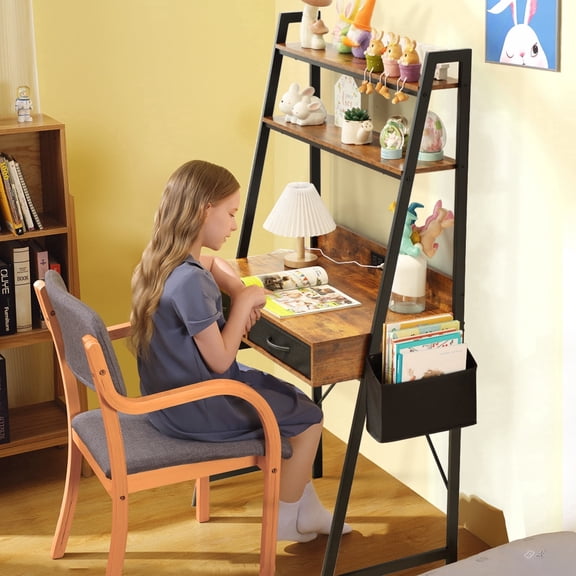 KATHY&BOB Kids Ladder Desk with Power Outlet, 2 Tier Shelves Kids Study Desk with Fabric Drawers & Storage Bag, Student's Study Computer Workstation, Writing Table for Small Spaces, Brown