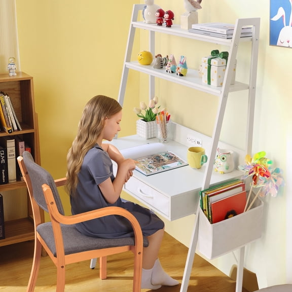 KATHY&BOB Kids Ladder Desk with Power Outlet, 2 Tier Shelves Kids Study Desk with Fabric Drawers & Storage Bag, Student's Study Computer Workstation, Writing Table for Small Spaces, White