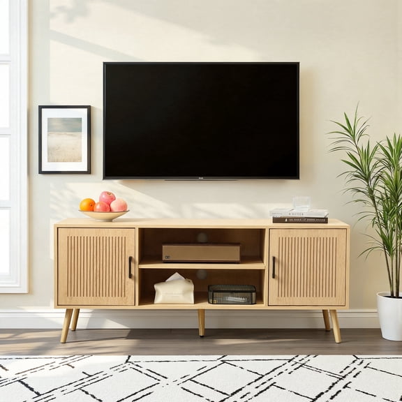 KATHY&BOB Modern TV Stand for 55-65 Inch TV, Media TV Console Table with 2 Storage Cabinets and Adjustable Shelf, Solid Wood Feet, Natural
