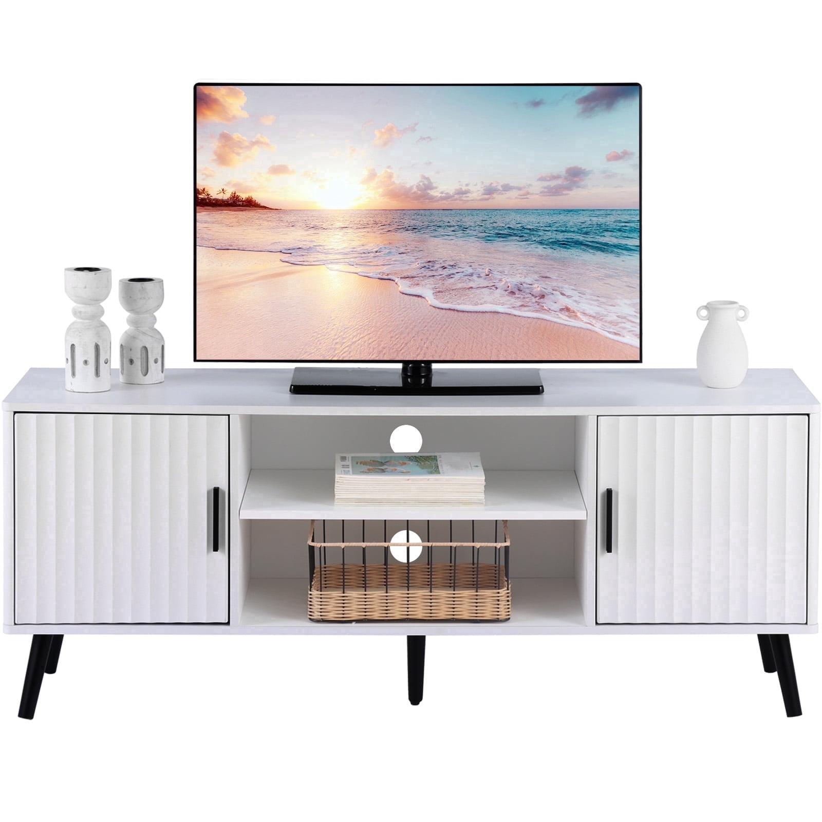 KATHY&BOB Modern TV Stand for 55-65 Inch TV, Media TV Console Table with 2 Storage Cabinets and Adjustable Shelf, Wood Feet, White