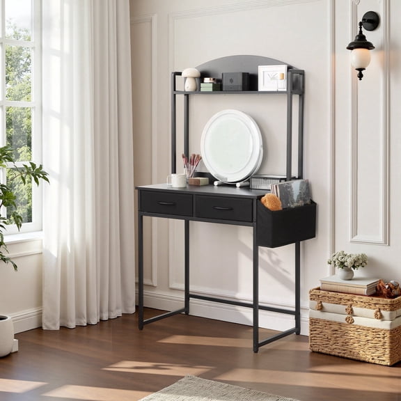 KATHY&BOB Modern Vanity Makeup Desk with LED Light, Freestanding Ladder Vanity Table with 2 Fabric Drawers & Side Bag, Home Office Desk with Power Outlet, Arched Design Open Shelf, Black (No Mirror)