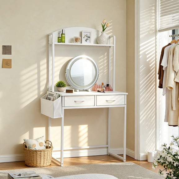 KATHY&BOB Modern Vanity Makeup Desk with LED Light, Freestanding Ladder Vanity Table with 2 Fabric Drawers & Side Bag, Home Office Desk with Power Outlet, Arched Design Open Shelf, White (No Mirror)