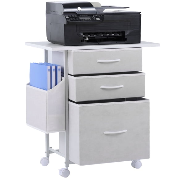 KATHY&BOB Printer Stand with 3 Fabric Drawers, Mobile File Cabinet, Desk Table Cabinet Fits A4 Letter Size, Home Office Furniture, White