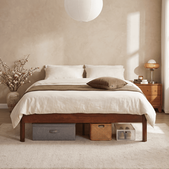 KATHY&BOB Queen Size 14" Classic Wood Bed Frame with Wood-Wrapped Metal Legs, Platform Bed Frame with Wood Slats, No Box Spring Needed, 800 lbs Capacity