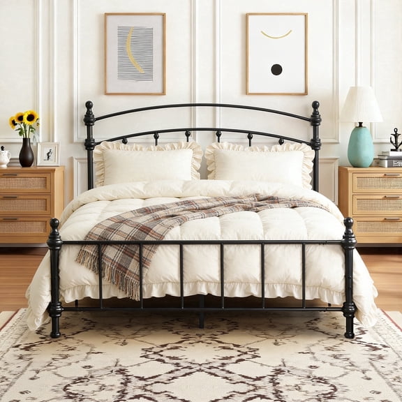KATHY&BOB Queen Size Bed Frame with Headboard & Footboard, Metal Bed Frame with Vintage Victorian Roman Column Design, No Box Spring Needed, Arched