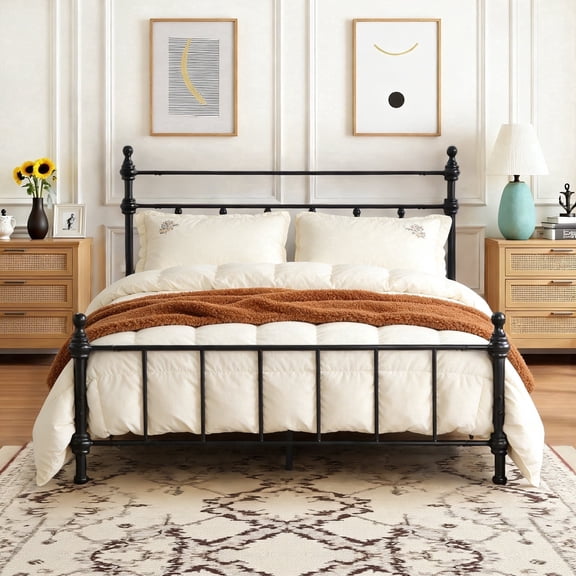 KATHY&BOB Queen Size Bed Frame with Headboard & Footboard, Metal Bed Frame with Vintage Victorian Roman Column Design, No Box Spring Needed, Straight