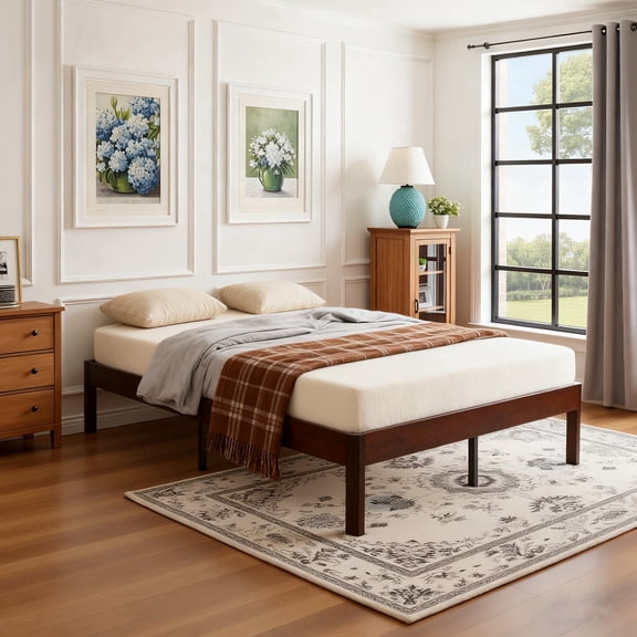 KATHY&BOB Queen Size Wood Platform Bed Frame with Metal Legs, 14 inch Sturdy Heavy Duty Wood Bed Frames with Wooden Slats, Natural Classic Design, No Box Spring Needed, Easy Assembly
