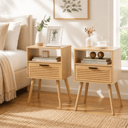 KATHY&BOB Striped Grooved Nightstand Set of 2, 2 Tier Bedside Table with Wood Storage Drawer, End Table for Bedroom, Natural