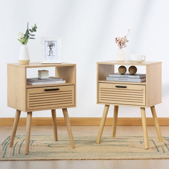 KATHY&BOB Striped Grooved Nightstand Set of 2, 2 Tier Bedside Table with Wood Storage Drawer, End Table for Bedroom, Natural