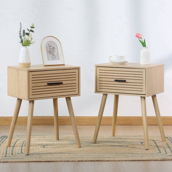 KATHY&BOB Striped Grooved Nightstand Set of 2, Bedside Table with Wood Storage Drawer, End Table for Bedroom, Natural