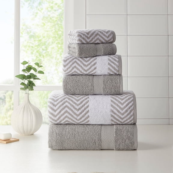 KATHY IRELAND 6 PIECE CHEVRON JACQUARD TOWEL SET WITH LETSDRY - SILVER