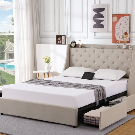 KATIDAP Full Bed Frame with 4 Storage Drawers, Upholstered Platform Bed with Round Button Tufted Headboard, Beige