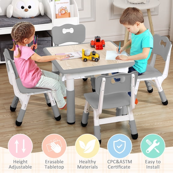 KATIDAP Kids Table and 4 Chairs Set, Height Adjustable Toddler Table and Chair Set, Graffiti Desktop, Classroom/Daycare/Home, Children Multi-Activity Table for Ages 2-8,Grey