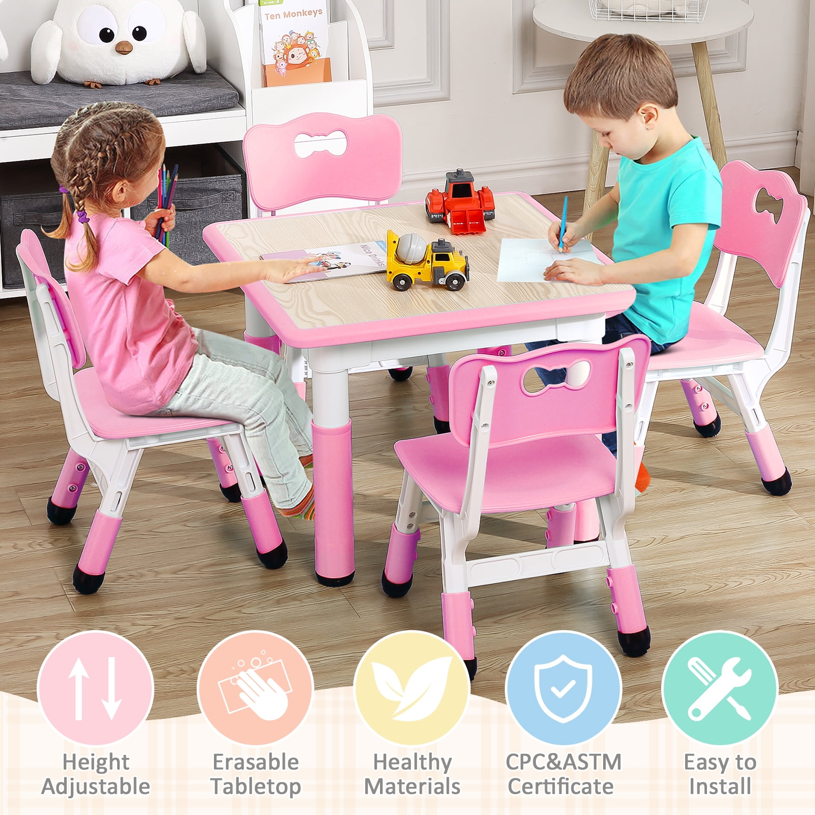 KATIDAP Kids Table and 4 Chairs Set, Height Adjustable Toddler Table ...