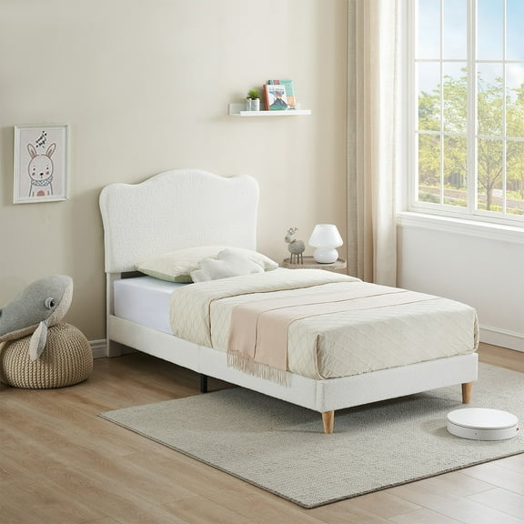 KATIDAP Twin Size Upholstered single bed frame with scalloped headboard, lambswool, firm platform bed, no box spring required, Wooden Slats, Noise Free, Beige