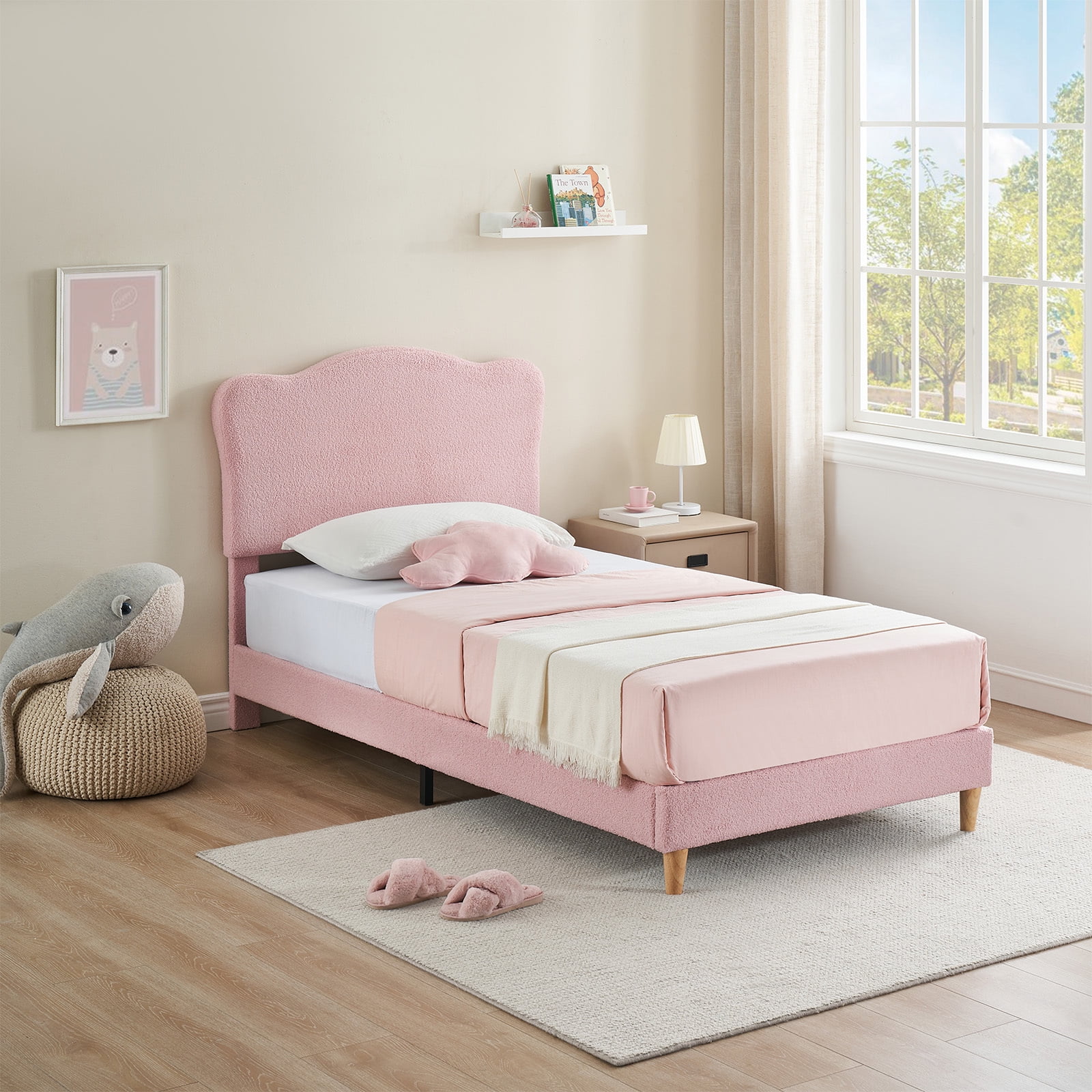 KATIDAP Twin Size Upholstered single bed frame with scalloped headboard,  lambswool, firm platform bed, no box spring required, Wooden Slats, Noise  Free, Pink - Walmart.com, image size:1600x1600