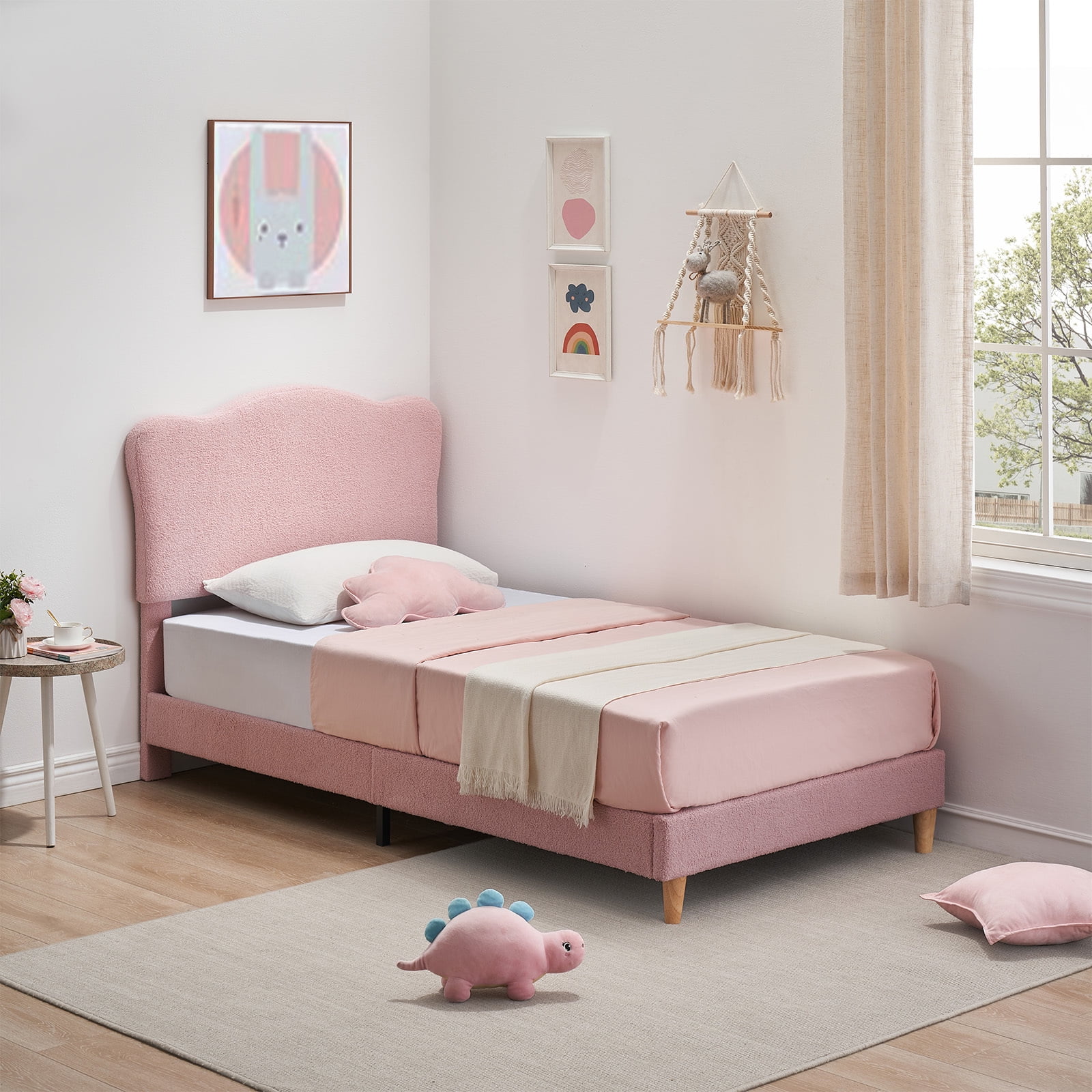 KATIDAP Twin Size Upholstered single bed frame with scalloped headboard, lambswool, firm platform bed, no box spring required, Wooden Slats, Noise Free, Pink